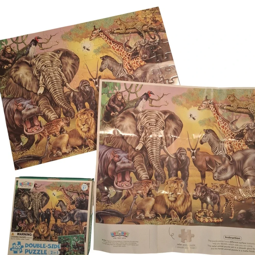 BenOBen Double-Sided 2in1 Puzzle 100‎ Pieces Safari and Forest Animals